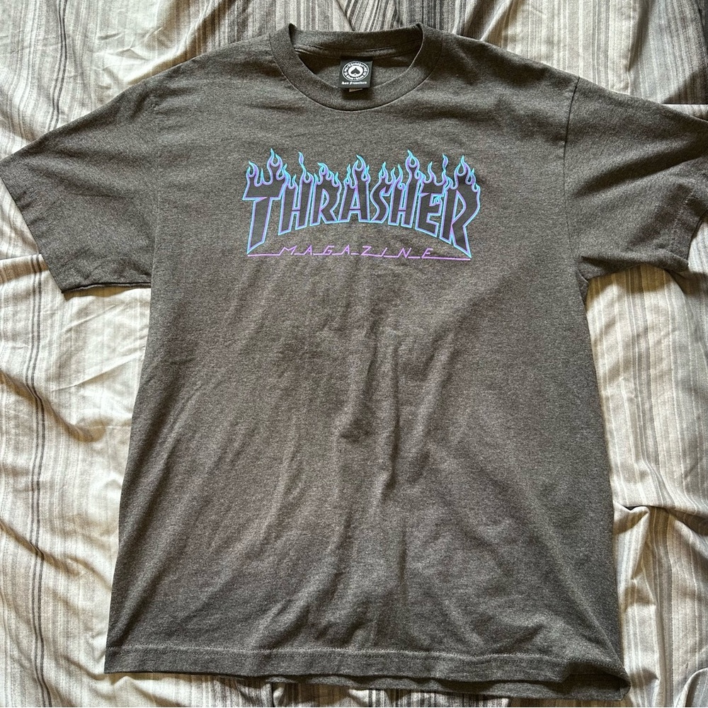 Thrasher Charcoal Tee with Blue Flame Logo